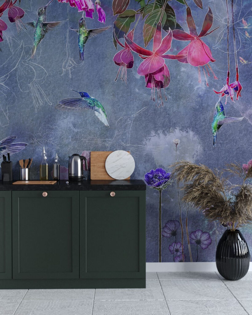 Design tapeten mit tropischen Blumen und Kolibris auf Aquarellhintergrund für die Küche
