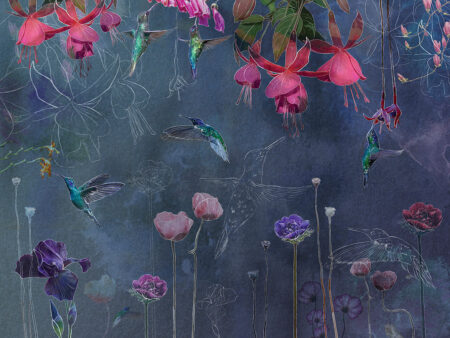 Helle Kolibris mit zarten Blüten Fototapete auf marineblauem Hintergrund
