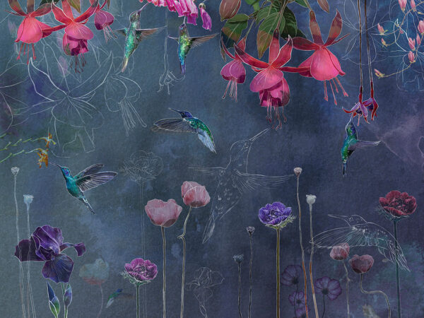 Design tapeten mit tropischen Blumen und Kolibris und ihren Konturbildern auf dunklen Aquarellhintergrund
