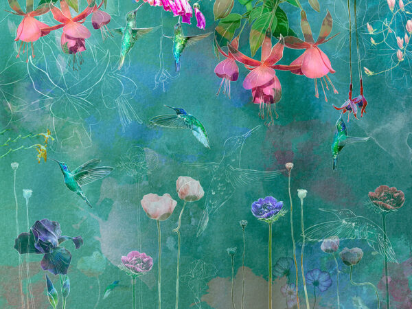 Design tapeten mit tropischen Blumen und Kolibris und ihren Konturbildern auf grünen Aquarellhintergrund