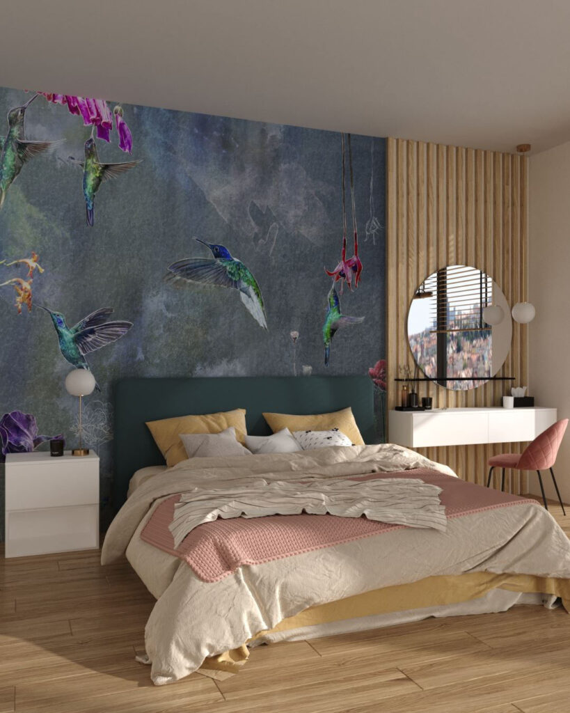 Design tapete mit tropischen Blumen und Kolibris für das Schlafzimmer