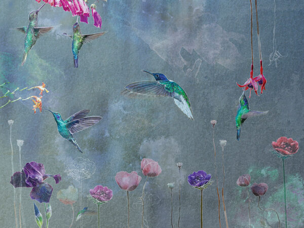 Design tapete mit tropischen Blumen und Kolibris und floralem Umriss auf grauem strukturiertem Aquarellhintergrund