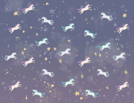 Fototapete Muster mit kleinen bunten Einhörnern auf dekorativem Sternenhintergrund in blasslila Tönen
