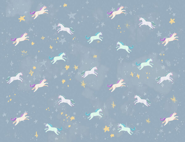 Fototapete Muster mit kleinen bunten Einhörnern auf dekorativem Sternenhintergrund in blassblauen Tönen