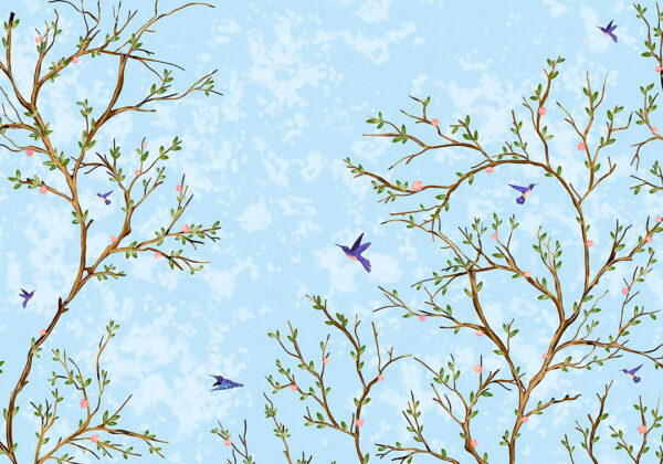 Fototapete mit blühenden Pflanzen und fliegenden lila Kolibris auf hellblauem dekorativem Hintergrund