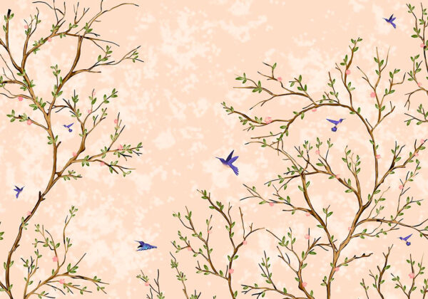 Fototapete mit blühenden Pflanzen und fliegenden lila Kolibris auf einem beigen dekorativen Hintergrund