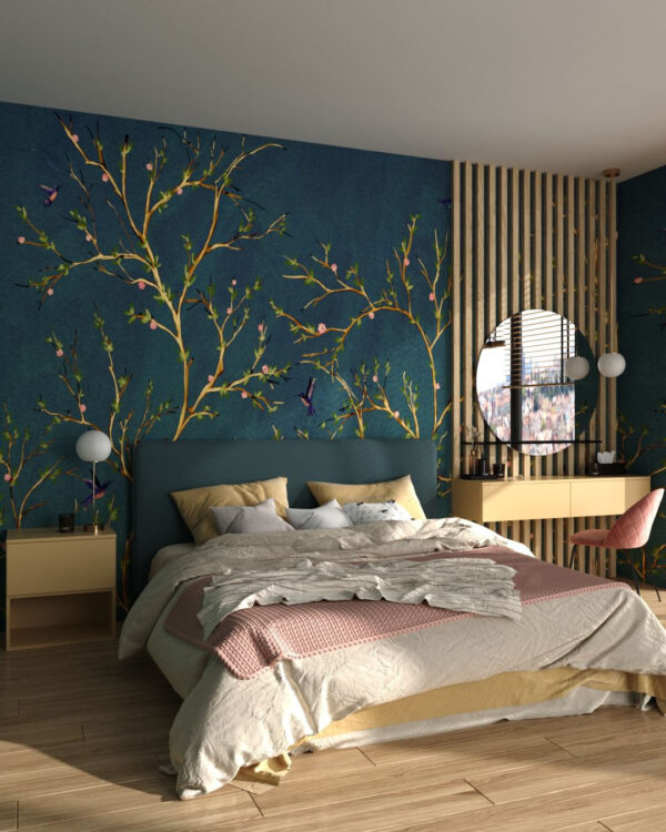 Wandtapete mit blühenden Pflanzen und fliegenden lila Kolibris für das Schlafzimmer