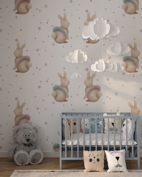 Kindertapete mit süßen Kaninchen für ein Babyzimmer