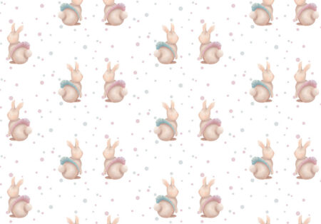 Kindertapete Pattern mit süßen Kaninchen auf weißem Hintergrund in bunten Punkten