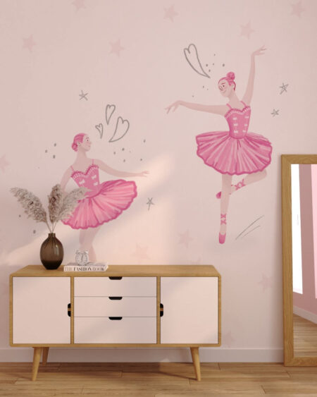 Fototapete mit zwei gemalten tanzenden Ballerinas in Rosa für das Schlafzimmer