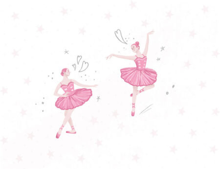 Fototapete mit zwei gemalten tanzenden Ballerinas in Rosa auf weißem dekorativem Hintergrund