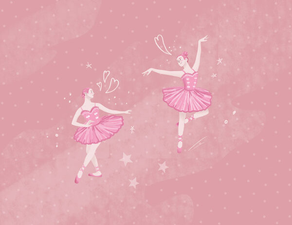 Fototapete mit zwei gemalten tanzenden Ballerinas in Rosa auf einem dekorativen Hintergrund in Rosatönen