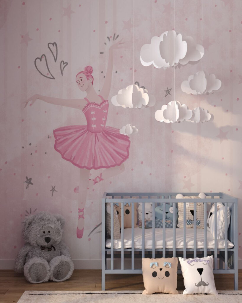 Fototapete mit einer tanzenden Ballerina in Rosa für ein Babyzimmer