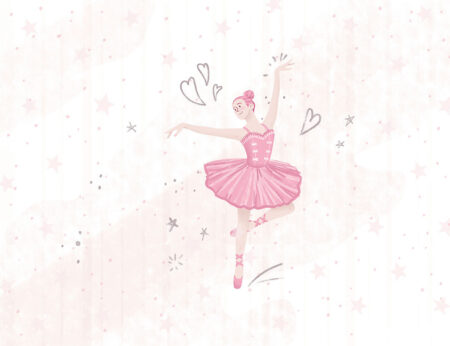 Fototapete mit einer tanzenden Ballerina in Rosa auf einem rosa-weißen dekorativen Hintergrund