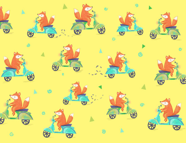 Tapete Muster mit Fuchsen auf bunten Mopeds auf gelbem Hintergrund