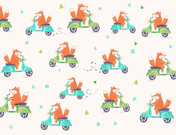 Tapete Muster mit Fuchsen auf bunten Mopeds auf hellbeigem Hintergrund