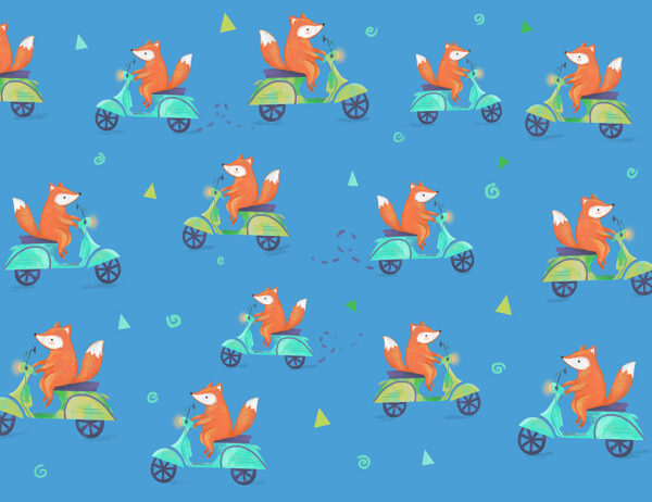 Tapete Muster mit Fuchsen auf bunten Mopeds auf blauem Hintergrund