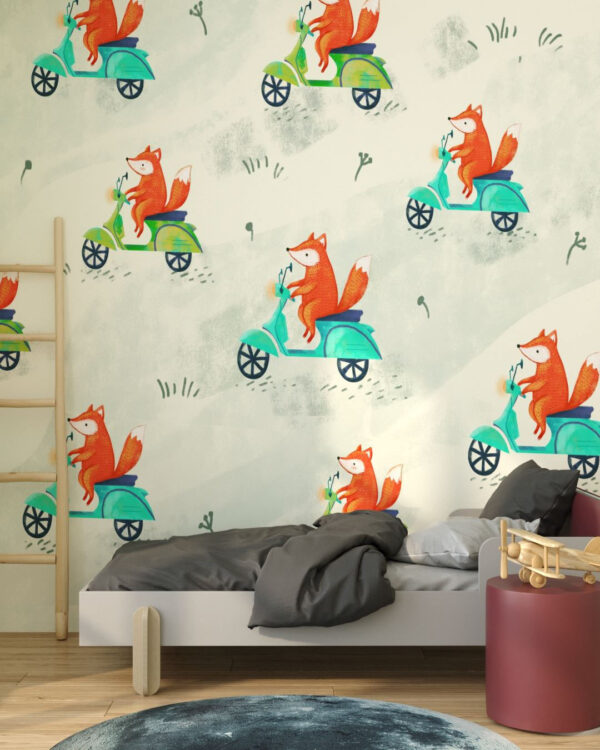 Tapete mit Fuchsen auf bunten Mopeds für das Kinderzimmer