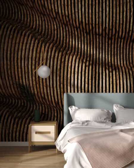 Moderne 3D-Tapete mit Abstraktion von verzerrten Linien aus Holzstruktur in Brauntönen für das Schlafzimmer
