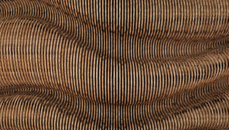Moderne 3D-Tapete mit Abstraktion von verzerrten Linien aus Holzstruktur in Brauntönen, die Volumen erzeugen