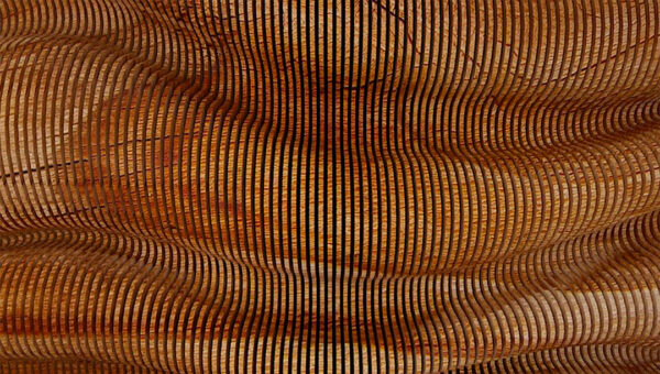 Moderne 3D-Tapete mit Abstraktion von verzerrten Linien aus Holzstruktur in Orangetönen, die Volumen erzeugen