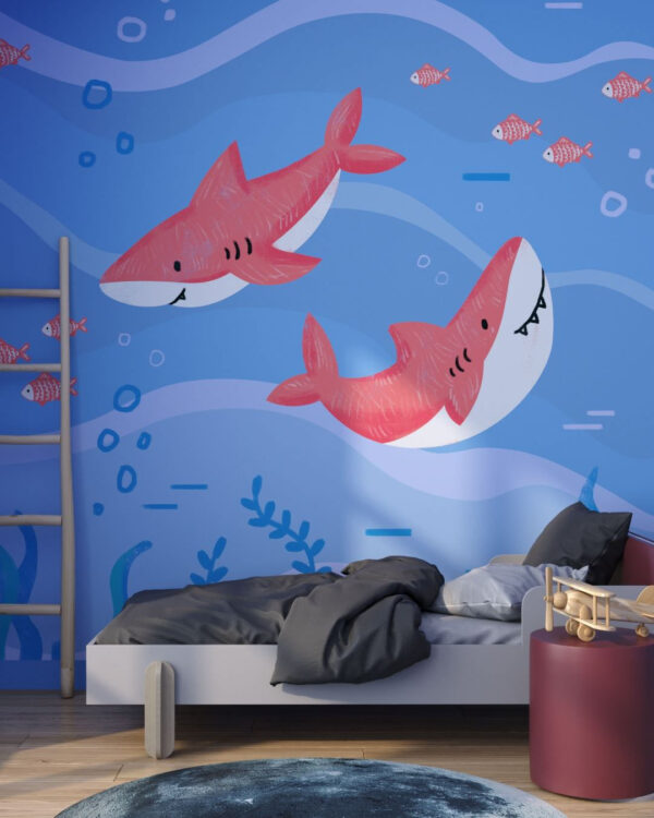 Fototapete mit zwei bemalten Haien und kleinen Fischen unter Wasser für ein Kinderzimmer