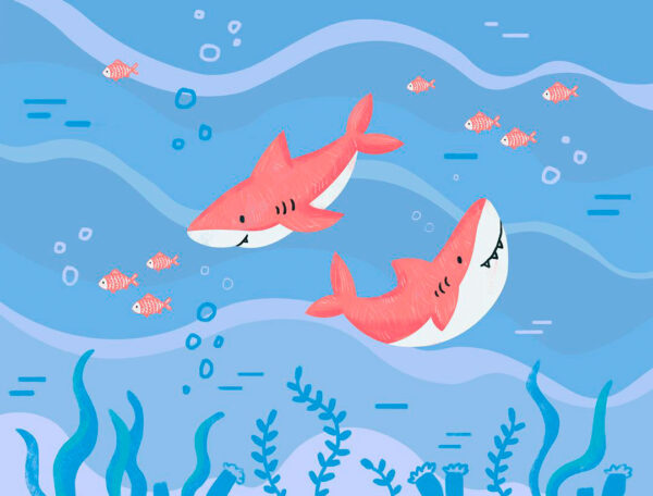Kindertapete mit zwei rosa bemalten Haien und kleinen Fischen unter Wasser in Blautönen