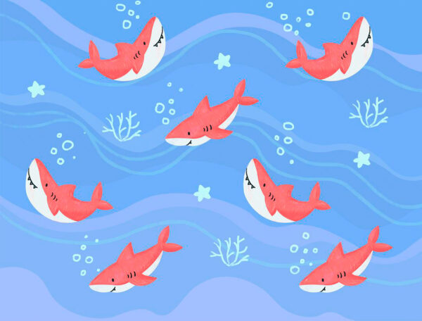 Kindertapete Muster mit gemalten rosa Haien auf dem Hintergrund einer dekorativen Unterwasserwelt