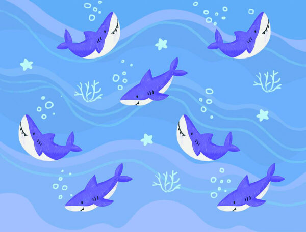 Kindertapete Muster mit gemalten dunkel lila Haien auf dem Hintergrund einer dekorativen Unterwasserwelt