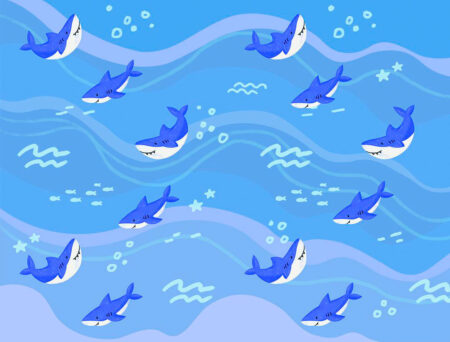 Kindertapete Muster mit gemalten blauen kleinen Haien auf dem Hintergrund der dekorativen Unterwasserwelt