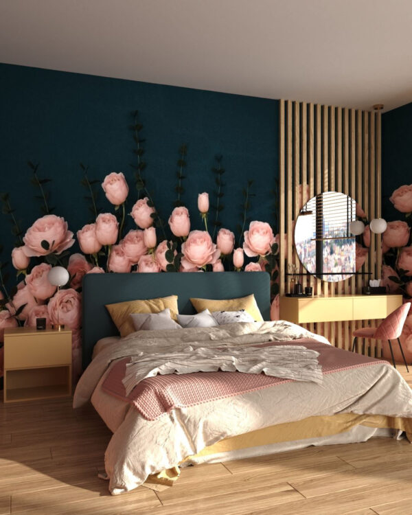 Fototapete 3d mit einem Strauß hellrosa Rosen für das Schlafzimmer