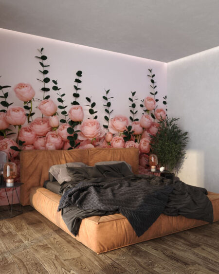 Fototapete 3d mit einem Strauß blassrosa Rosen auf hellem Hintergrund für das Schlafzimmer