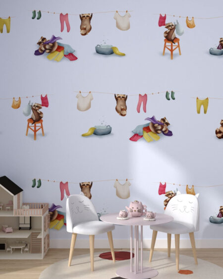 Fototapete mit kleinen Waschbären Tiere auf hellblauem Hintergrund für das Kinderzimmer