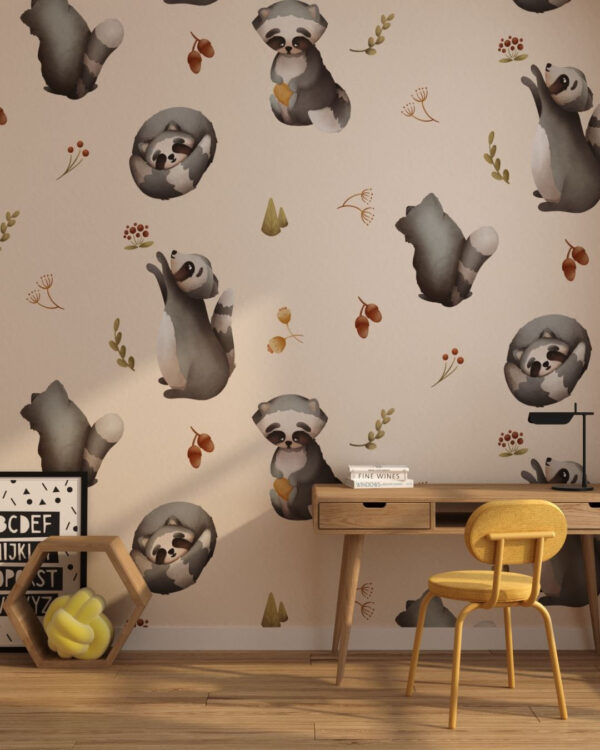 Kindertapete Muster mit Waschbären Tiere auf einem dekorativen Hintergrund für das Kinderzimmer