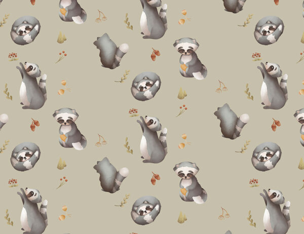 Kindertapete Muster mit verschiedenen Waschbären Tiere auf dekorativem graugrünem Hintergrund