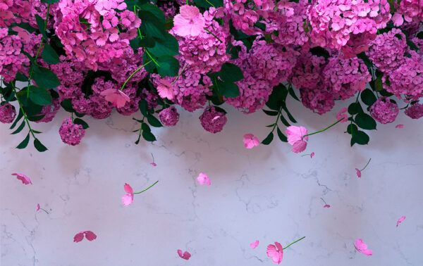 3D-Tapete mit rosa Hortensie und bröckelnden Blütenblättern auf Marmorhintergrund