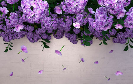 3D-Tapete mit lila Hortensien und bröckelnden Blütenblättern auf strukturiertem Hintergrund in Grautönen