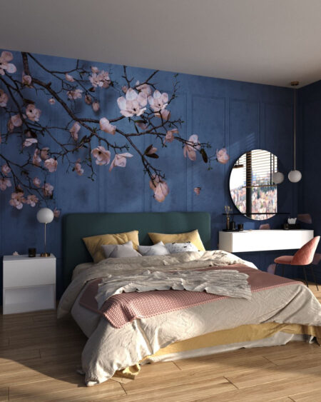 Fototapete mit kirschblütenzweig und bröckelnden weißen Blütenblättern für das Schlafzimmer