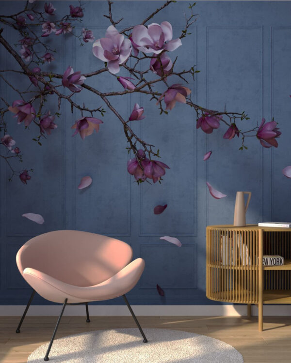 Fototapete mit kirschblütenzweig und bröckelnden rosa Blütenblättern für das Wohnzimmer