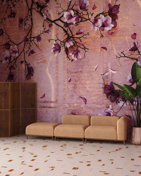Fototapete 3D mit kirschblütenzweig und bröckelnden rosa Blütenblättern mit goldenen Flecken für das Wohnzimmer