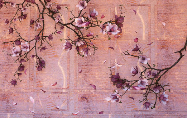 Fototapete 3D mit kirschblütenzweig und bröckelnden rosa Blütenblättern auf einem dekorativen strukturierten Hintergrund mit goldenen Flecken auf beigem Hintergrund