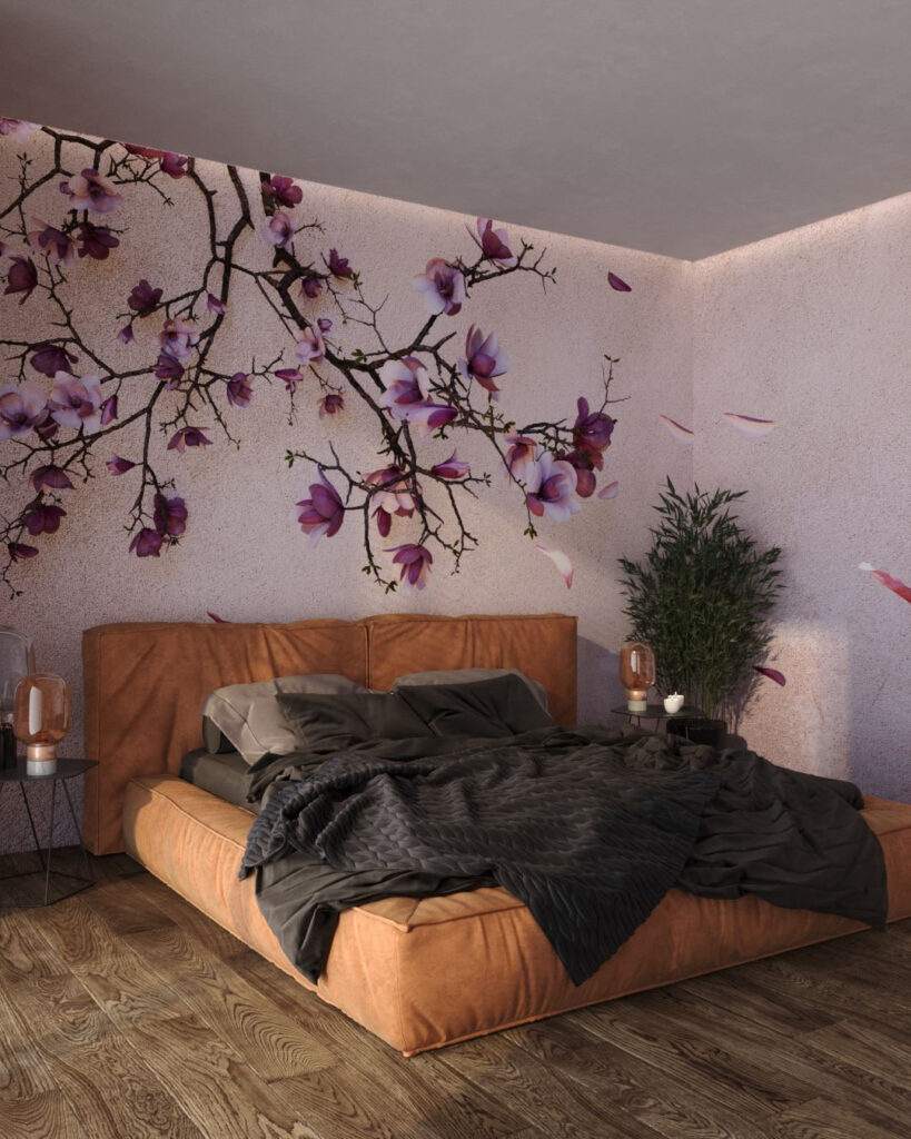 Fototapete 3D mit kirschblütenzweig und rosa Blütenblättern auf einem Hintergrund in Beigetönen für das Schlafzimmer