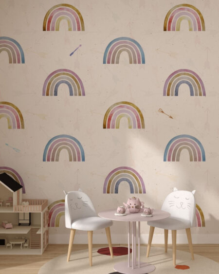 Designertapete Muster mit Vintage-Regenbogen auf einem dekorativen Hintergrund fürs Kinderzimmer