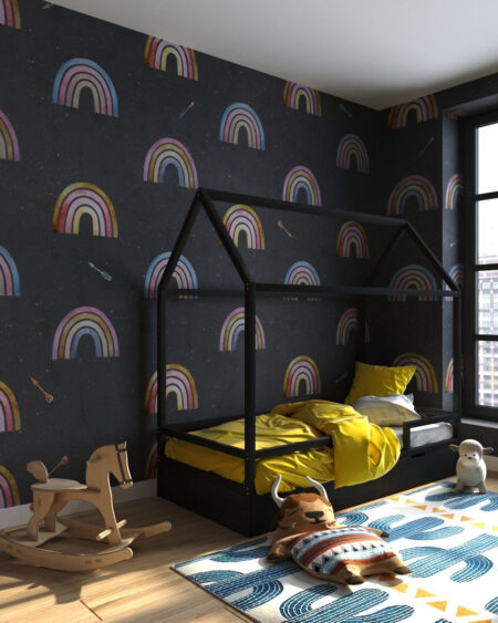 Designertapete Muster mit Vintage-Regenbögen auf einem dunkelgrauen Hintergrund fürs Kinderzimmer