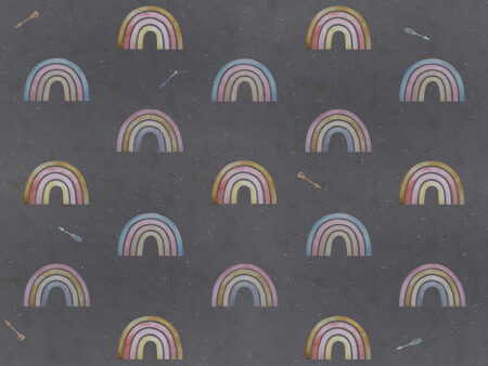 Designertapete Muster mit Vintage-Regenbögen aus einer warmen Farbpalette auf einem dunkelgrauen dekorativen Hintergrund