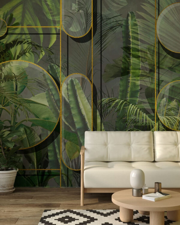 Tapete mit tropischen Pflanzen und abgerundeten geometrischen Formen mit goldenem Umriss für das Wohnzimmer