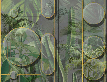 Tapete mit tropischen Pflanzen und abgerundeten geometrischen Formen mit goldenem Umriss auf grauem Hintergrund