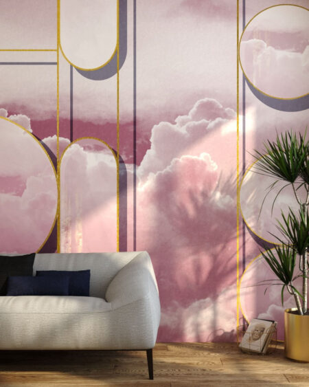 Tapete mit rosa Wolken und abgerundeten geometrischen Formen mit goldenem Umriss für das Wohnzimmer