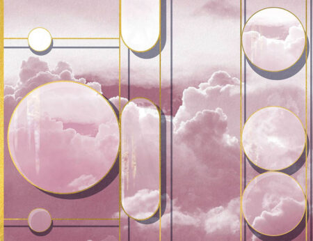 Tapete mit rosa Wolken und abgerundeten geometrischen Formen mit goldenem Umriss