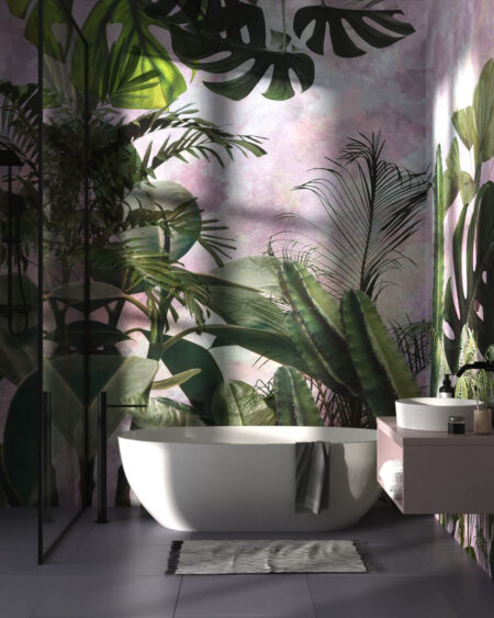 Tapete mit grünen tropischen Pflanzen auf Aquarell Hintergrund für Badezimmer